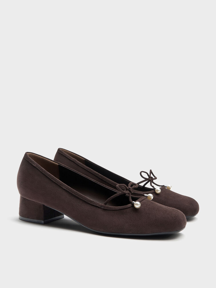 Barbara Faux Suede Pearl-Embellished Bow Ballet Pumps, Dark Brown Textured, hi-res