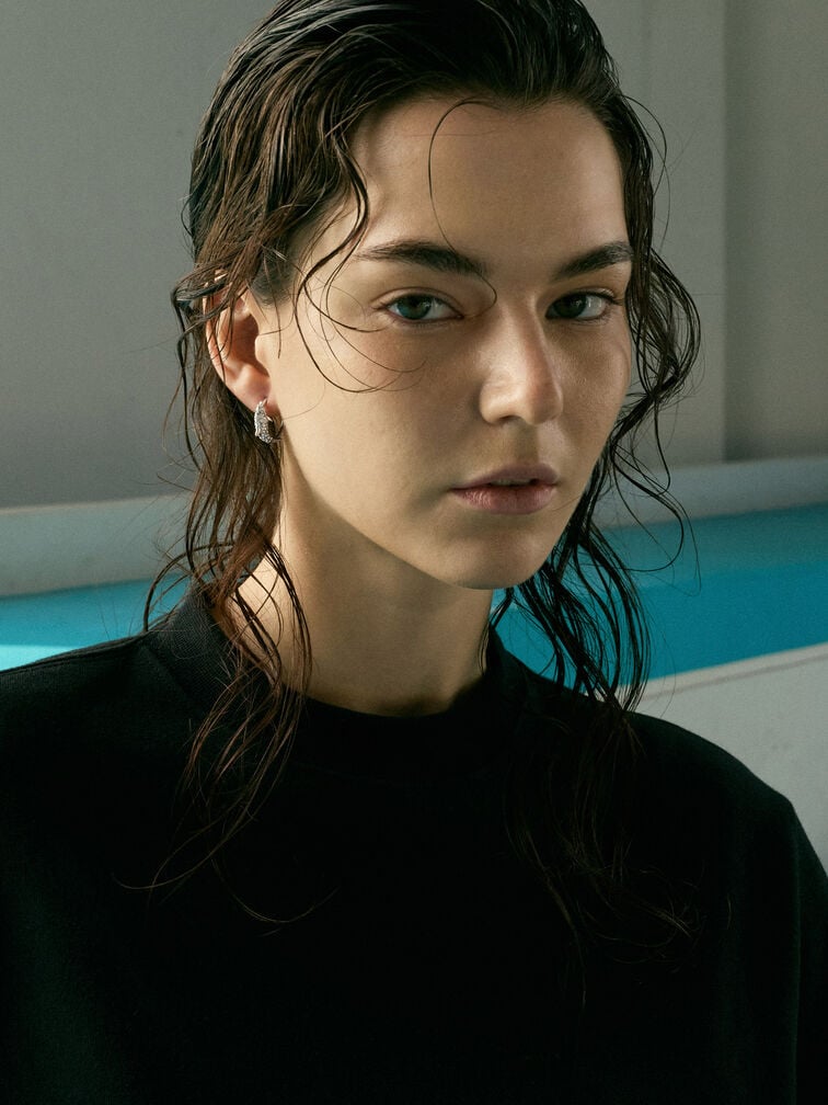 Delfina Crystal-Dolphin Hoop Earrings, Silver, hi-res