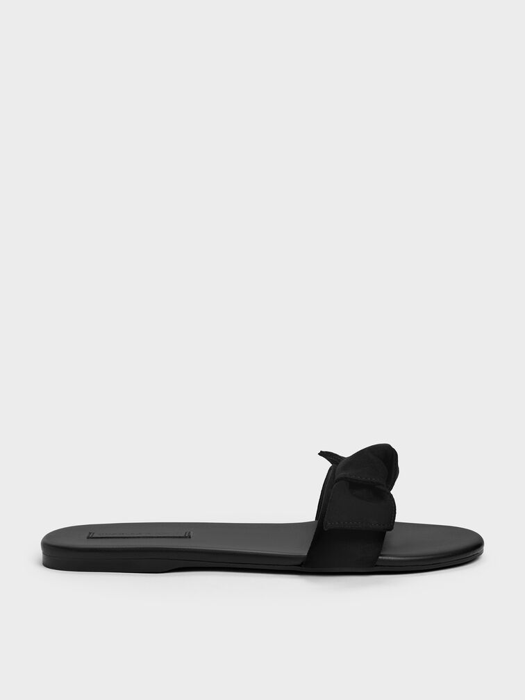 Anika Faux Suede Knot-Bow Slides, Black Textured, hi-res
