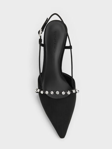 Faux Suede Crystal Slingback Pumps, Black Textured, hi-res