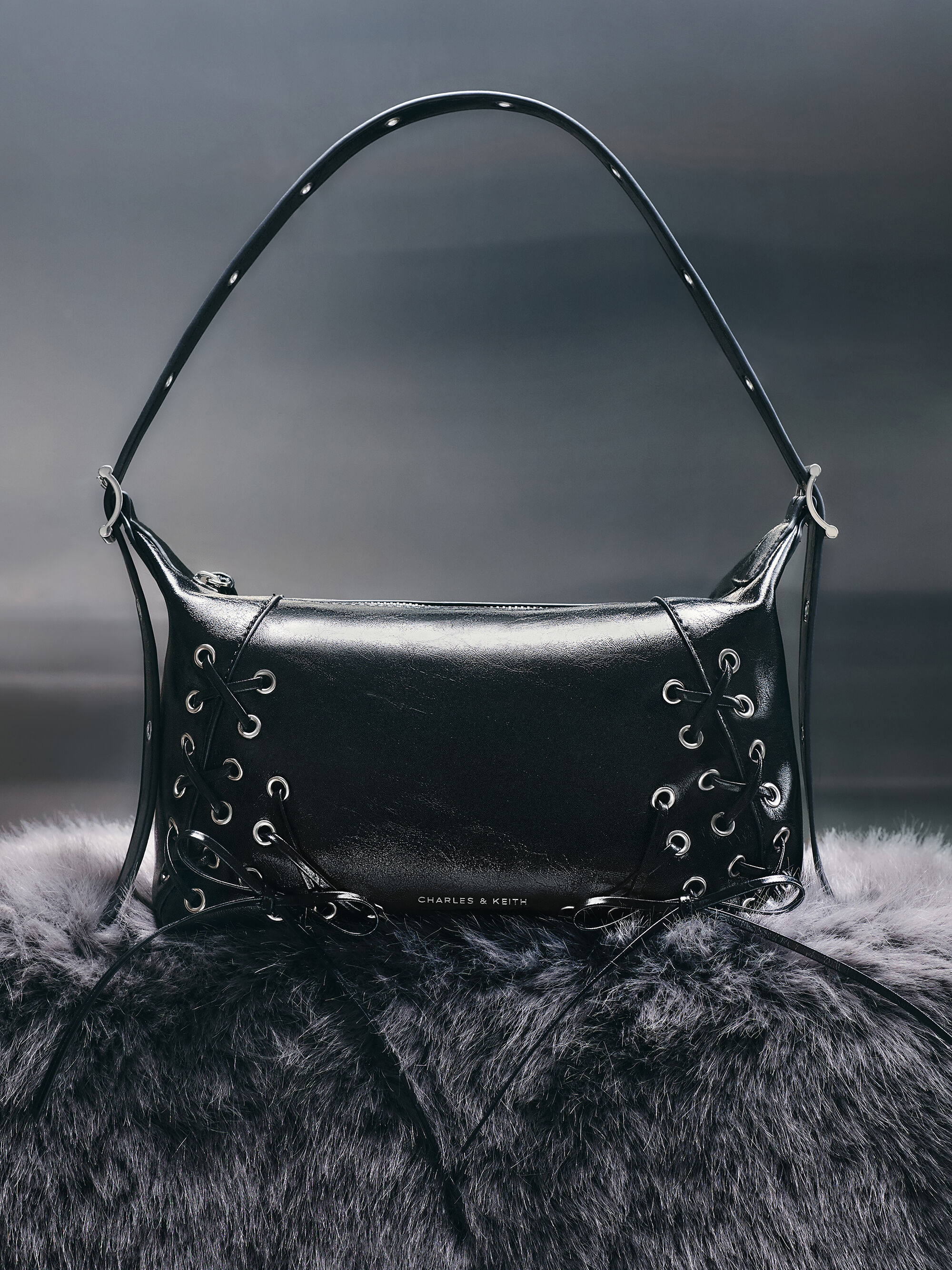 Noir Xylia Grommet Lace-Up Shoulder Bag - Noir - Bags - CHARLES