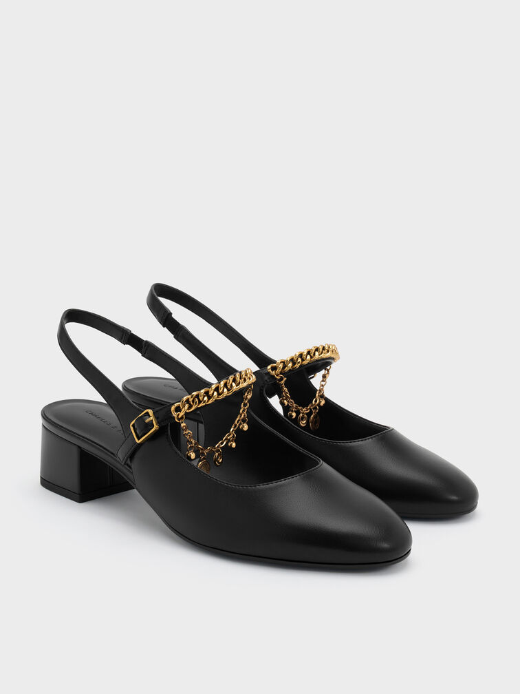 Gi&agrave;y sandals cao g&oacute;t Double-Chain Charm đen, Đen, hi-res