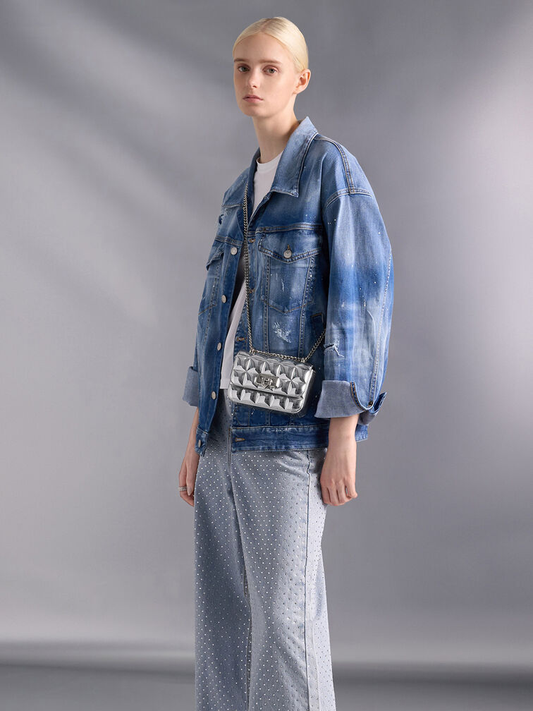 Metallic Square-Quilted Chain-Handle Bag, Silver, hi-res