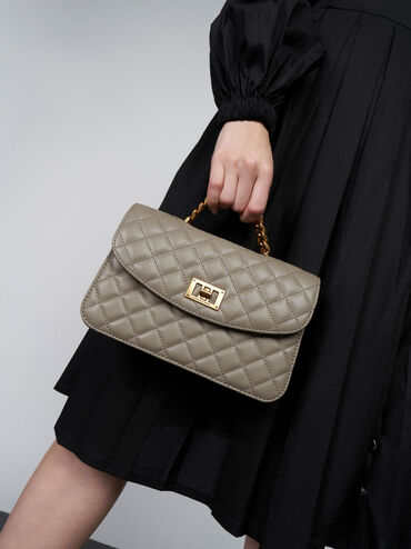 Túi xách tay nữ nắp gập phom chữ nhật Quilted Clutch, Nâu xám, hi-res
