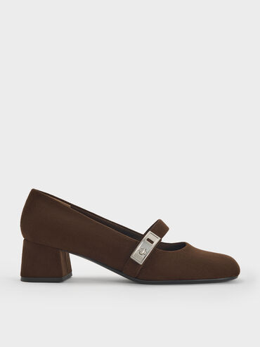 Lando Faux Suede Mary Jane Pumps, Dark Brown Textured, hi-res