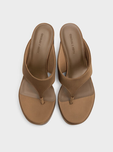Satin Thong Platform Wedges, Brown, hi-res