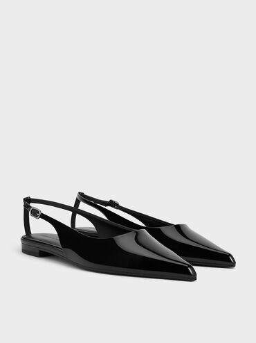 Patent Cut-Out Pointed-Toe Slingback Flats, Black Patent, hi-res