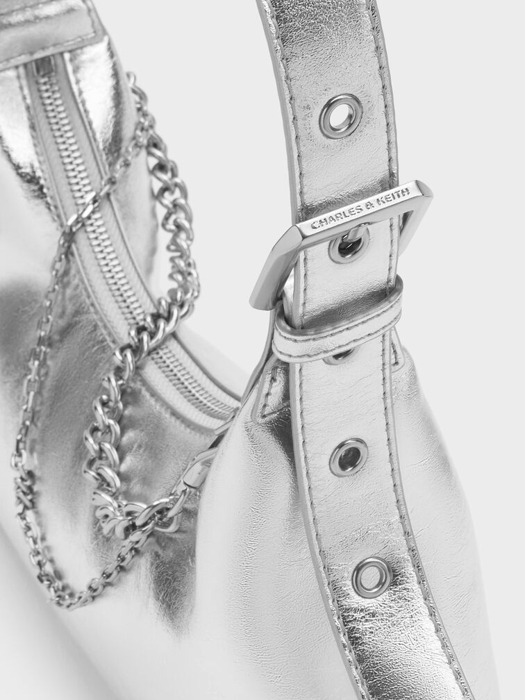 T&uacute;i hobo h&igrave;nh thang Atwood Crinkle-Effect Chain-Embellished, Bạc, hi-res