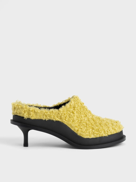 Giày mules nữ cao gót mũi tròn Frida Leather Kitten, Vàng, hi-res