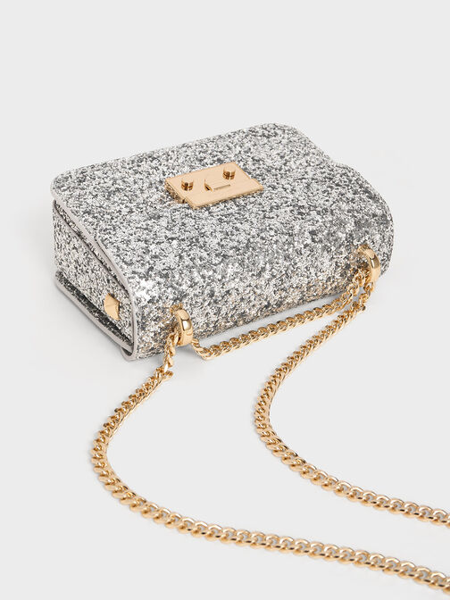 Túi đeo chéo Glittered Push-Lock Chain, Bạc, hi-res