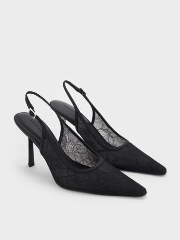 Lace & Satin Slingback Pumps, Black Textured, hi-res