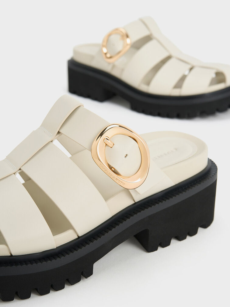 Gi&agrave;y mules mũi tr&ograve;n Interwoven Oval-Buckle, Phấn, hi-res