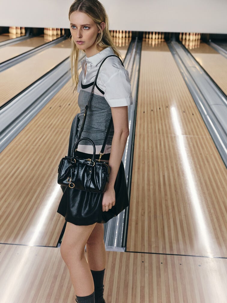 Túi tote phom chữ nhật Britton Ruched, Đen, hi-res