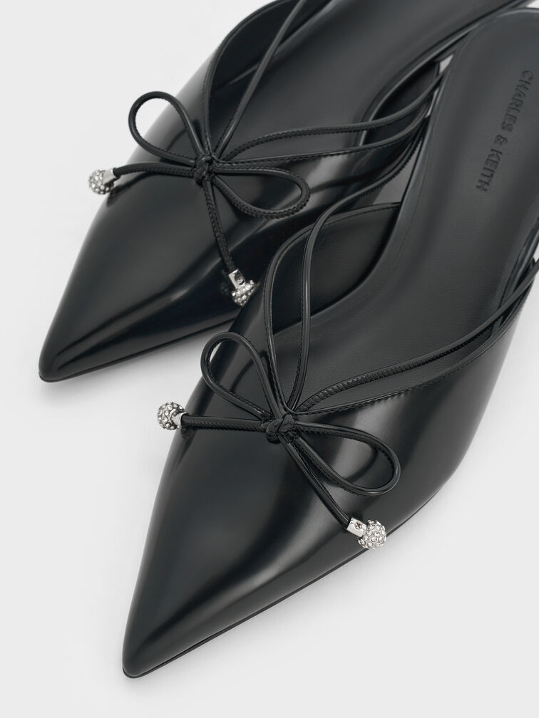Bow Crystal-Bead Kitten-Heel Mules, Black Boxed, hi-res