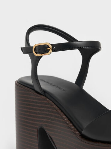 Giày sandals đế xuồng Ankle-Strap, Đen, hi-res