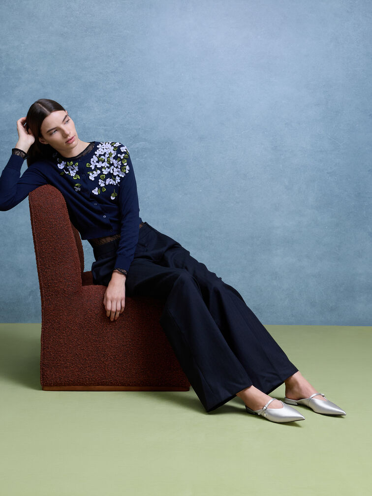 Gi&agrave;y mules mũi nhọn Satin Teardrop-Crystal, Bạc, hi-res