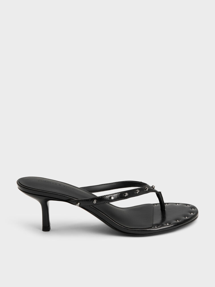 Briella Studded Heeled Thong Sandals, Black, hi-res