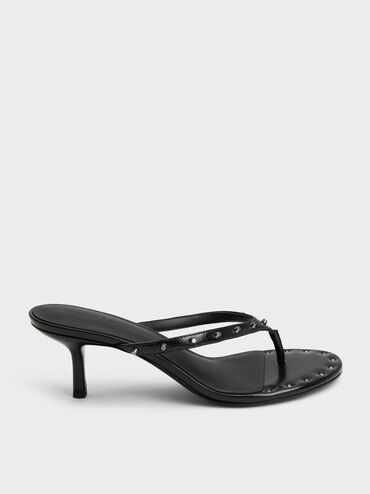 Briella Studded Heeled Thong Sandals, Black, hi-res