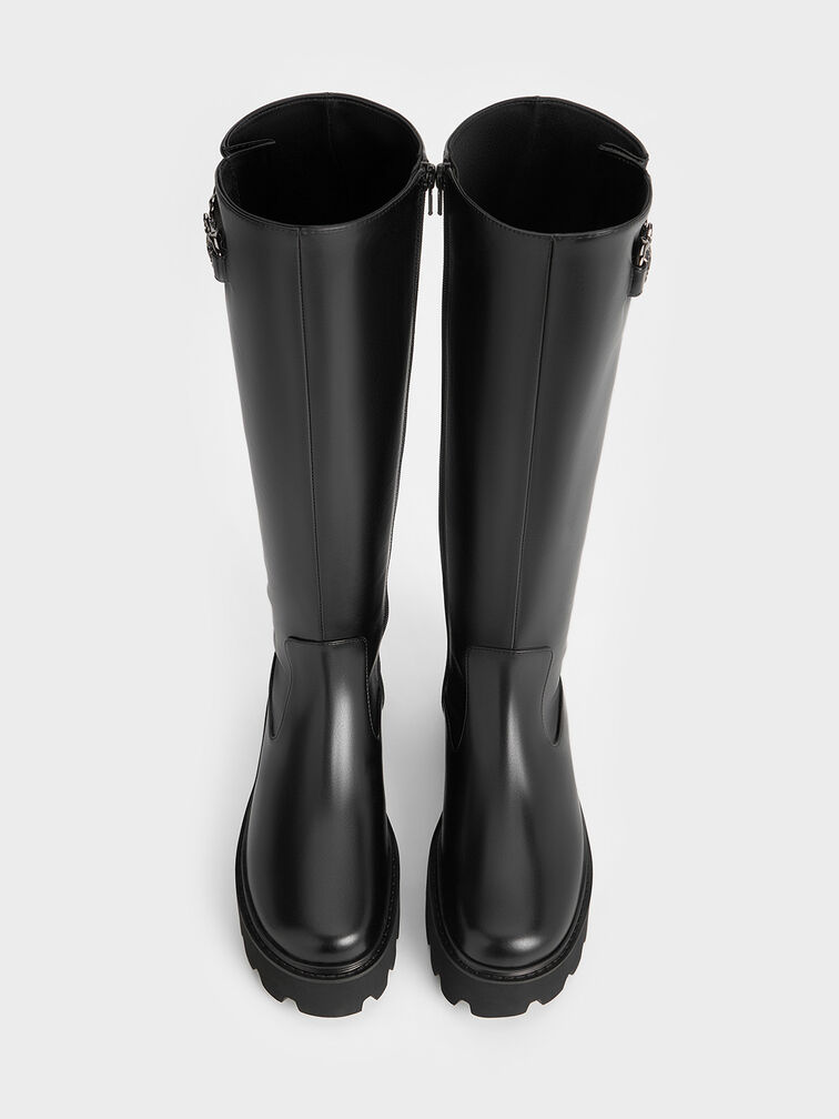 Imogen Rose-Motif Chunky Knee-High Boots, Black, hi-res