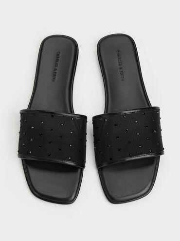 Mesh Crystal Slide Sandals, Black Textured, hi-res
