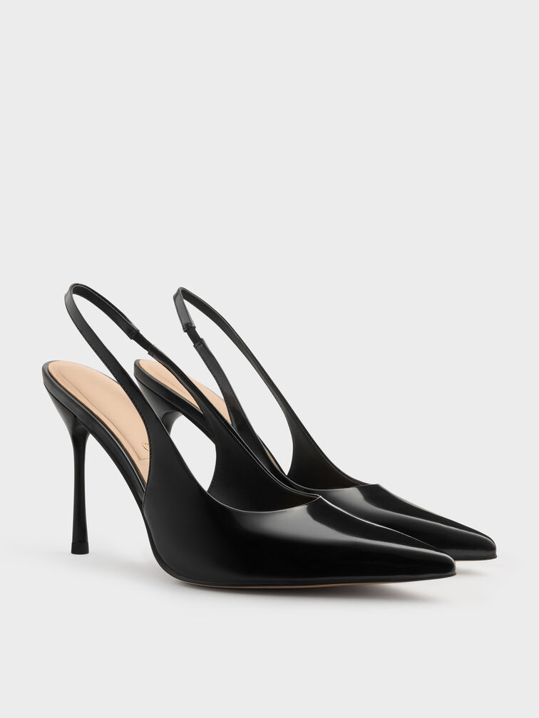 Leather Slingback Stiletto Pumps, Black Boxed, hi-res