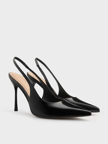 Leather Slingback Stiletto Pumps, Black Boxed, hi-res
