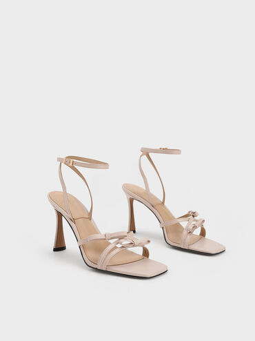 Leather Bow Strappy Sandals, Nude, hi-res