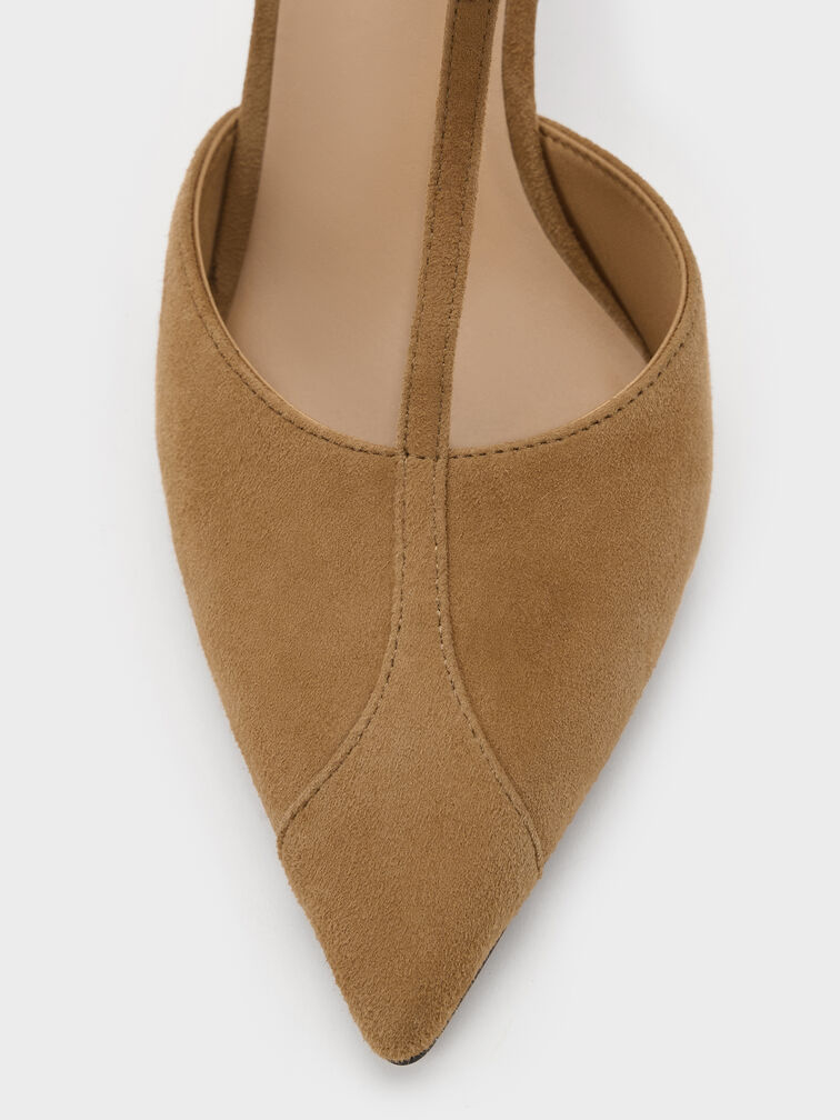 Suede T-Bar Pointed Heeled Mules, Sand, hi-res
