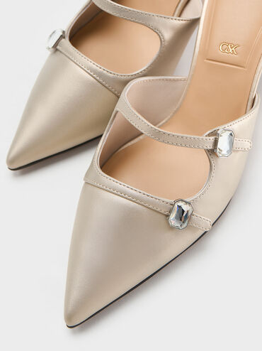 Pearlescent Leather Gem-Buckle Pointed-Toe Heeled Mules, Ivory, hi-res