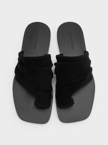 Faux Suede Ruched Toe-Ring Sandals, Black Textured, hi-res