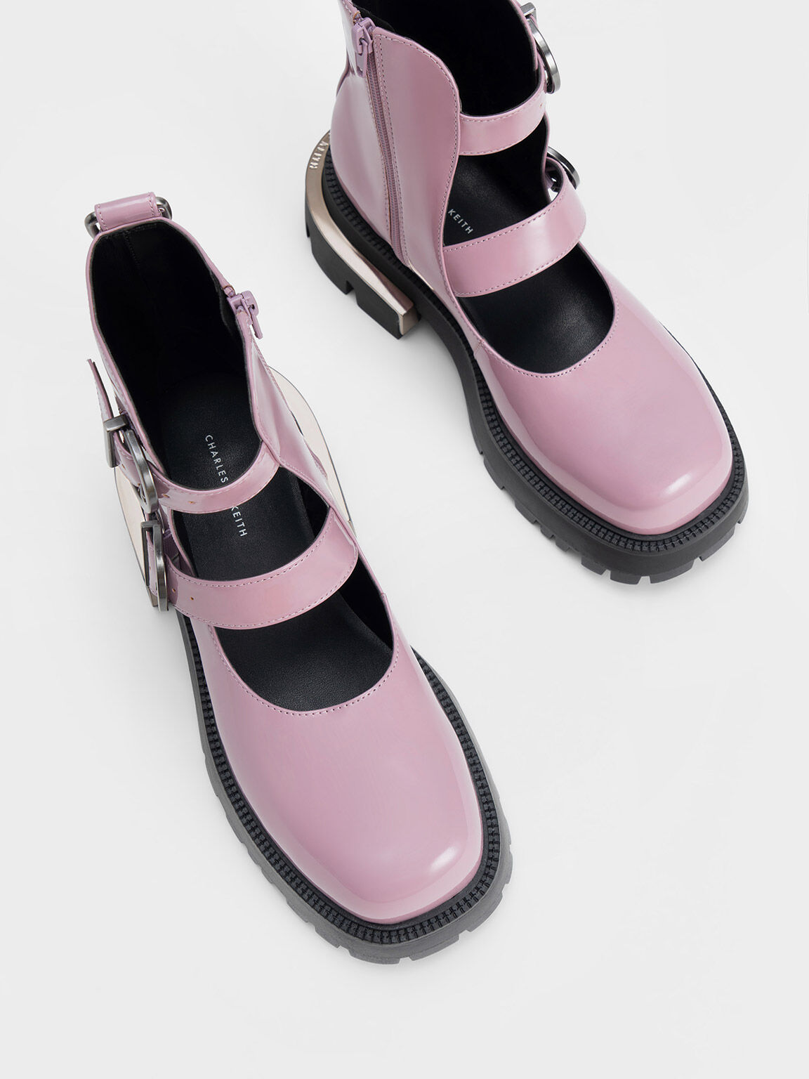 Giày boots mũi vuông Selma Patent Buckled Chunky, Xám hoa lilac, hi-res