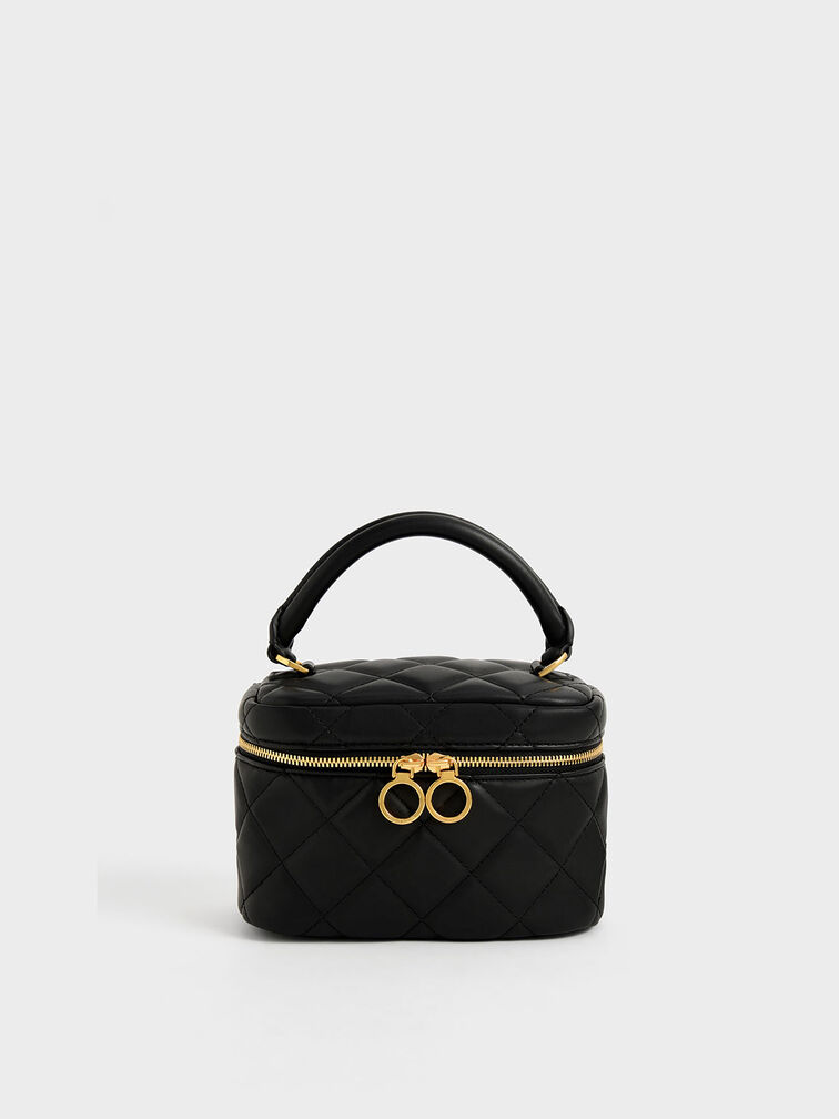 Quilted Two-Way Zip Mini Bag, Black, hi-res