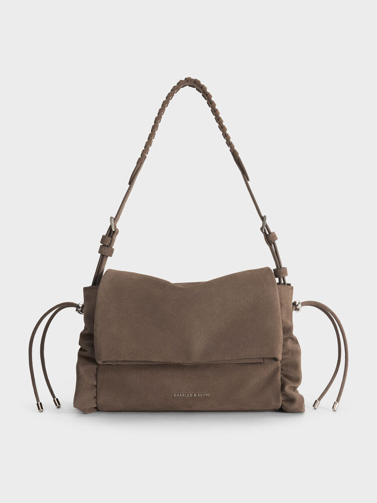 Quinby Ruched Front-Flap Shoulder Bag, Stone Grey, hi-res