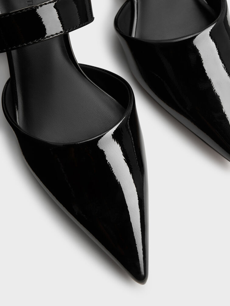 Patent Buckle-Strap Heeled Mules, Black Patent, hi-res