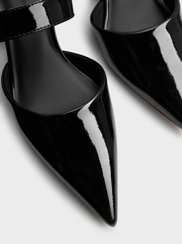 Patent Buckle-Strap Heeled Mules, Black Patent, hi-res