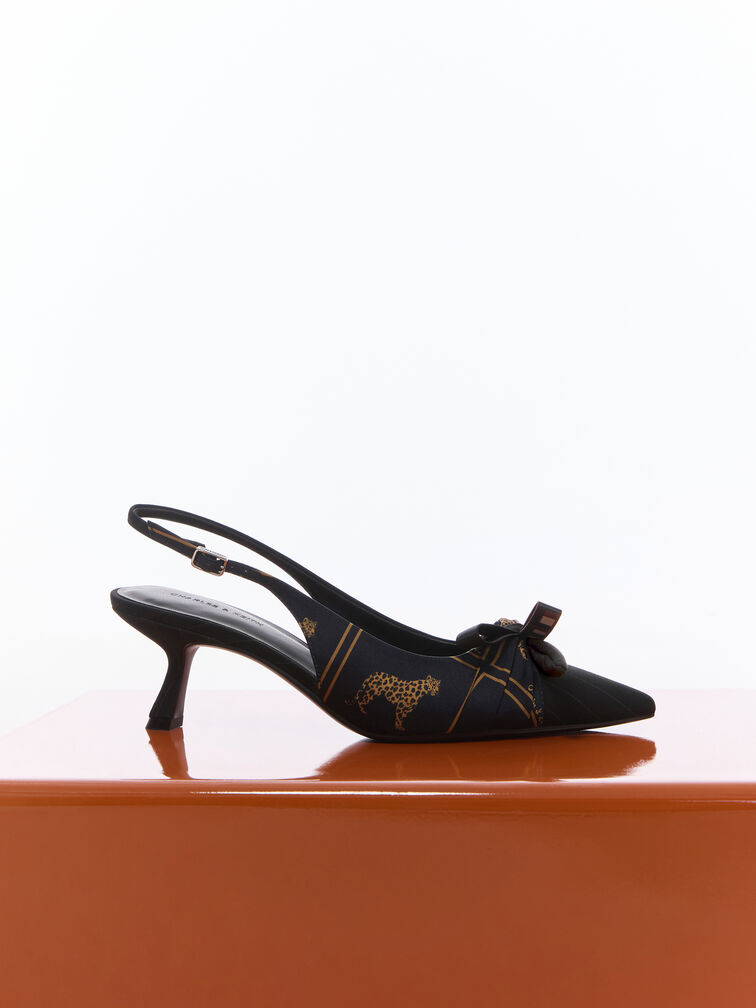 Satin Printed-Bow Pointed Slingback Pumps, Black Textured, hi-res