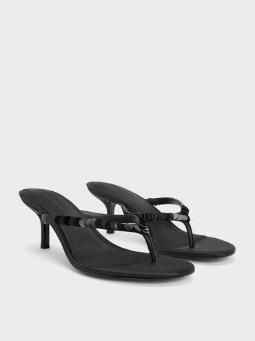Briella Sequinned Heeled Thong Sandals, Black Textured, hi-res