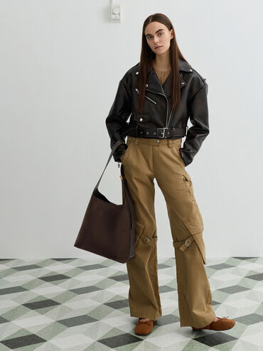 Túi đeo vai hình thang Edna Recycled Suede, Nâu sẫm, hi-res