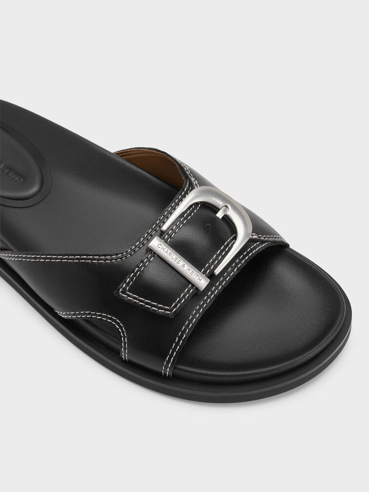 Stitch-Trim Buckled Slides, Black, hi-res