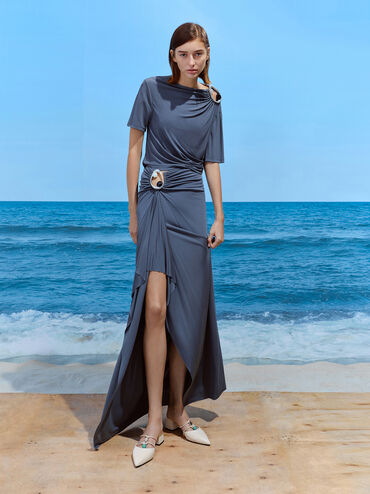 Georgie Linen Bead Pointed Mules, Chalk, hi-res