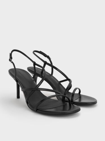 Strappy Stiletto-Heel Slingback Sandals, Black, hi-res