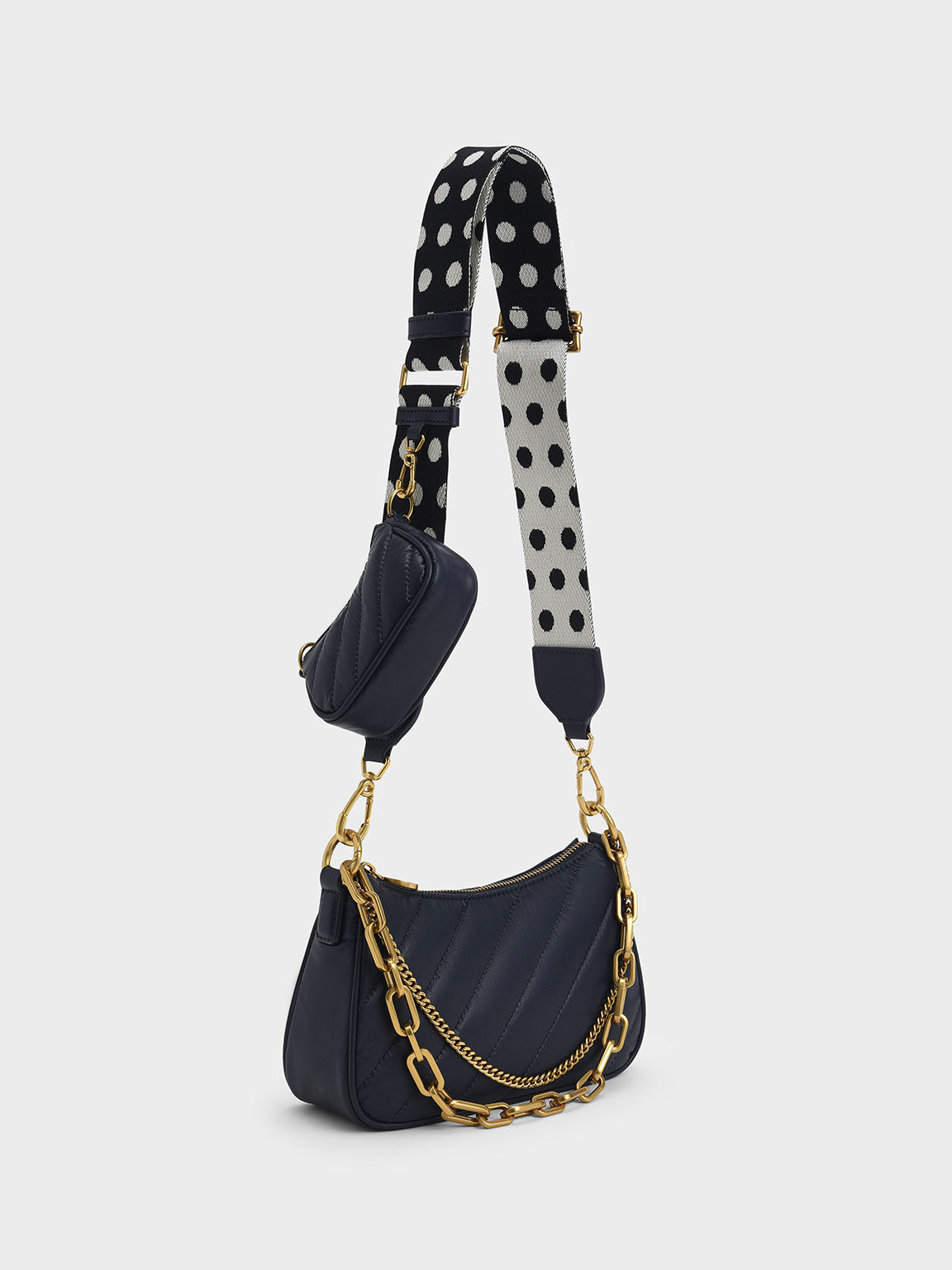 Túi đeo chéo nữ chần bông Chailly Chain Handle, Xanh navy, hi-res