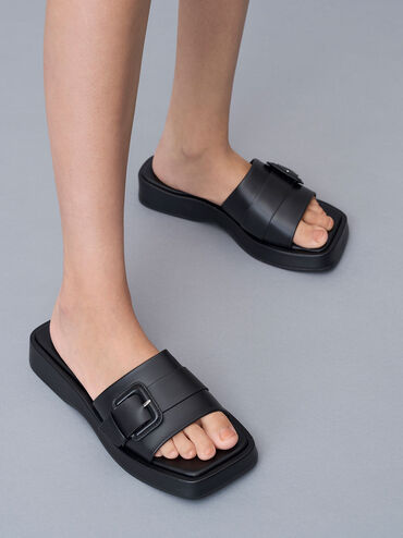 Giày sandals nữ Buckled Platform, Đen, hi-res