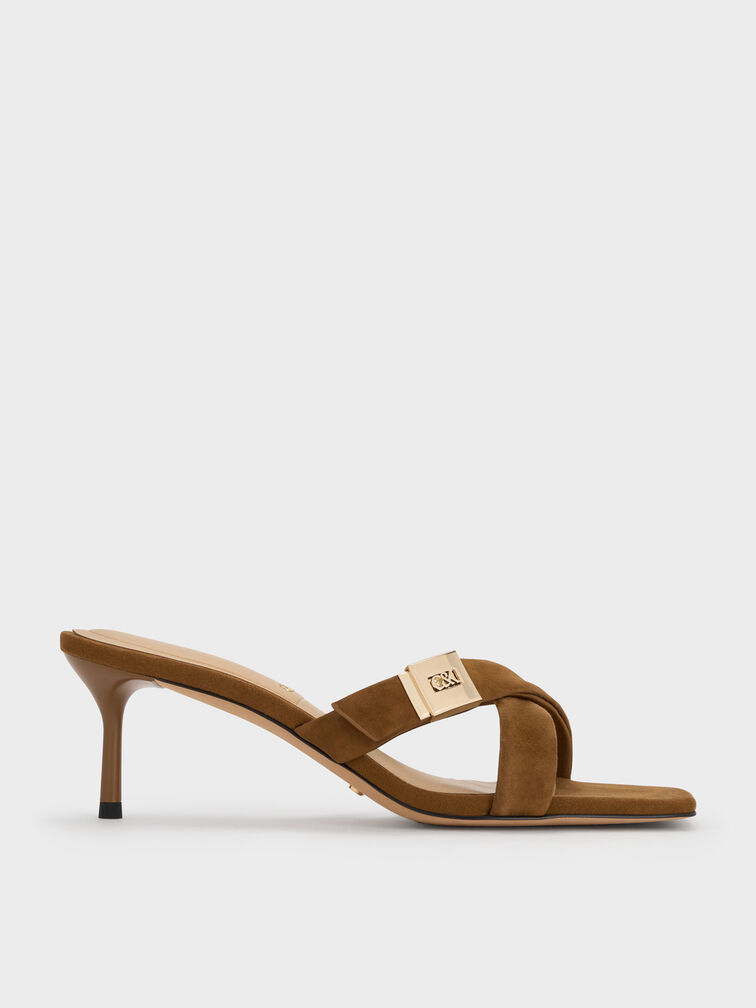 Cody Suede Crossover Heeled Mules, Brown, hi-res