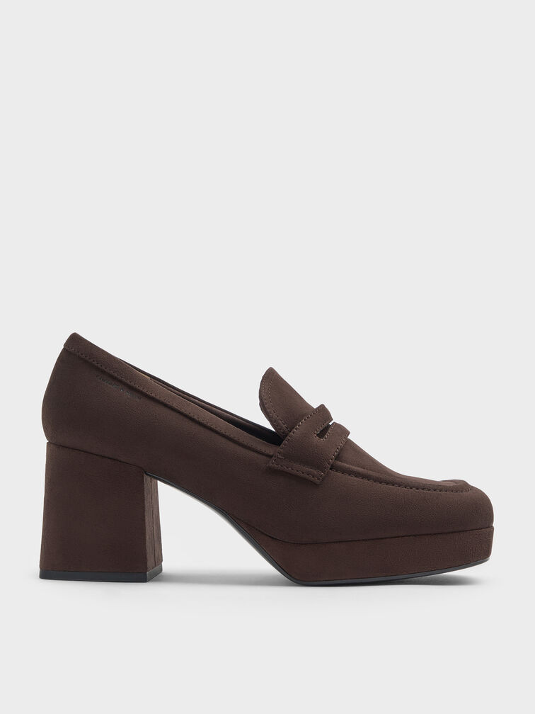 Faux Suede Platform Block-Heel Loafer Pumps, Dark Brown Textured, hi-res