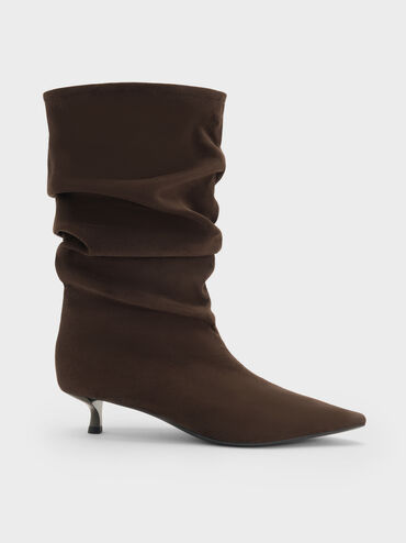 Faux Suede Ruched Kitten-Heel Calf Boots, Dark Brown Textured, hi-res