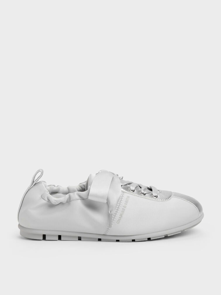 Girls' Satin Pearlescent Sneakers, Silver, hi-res