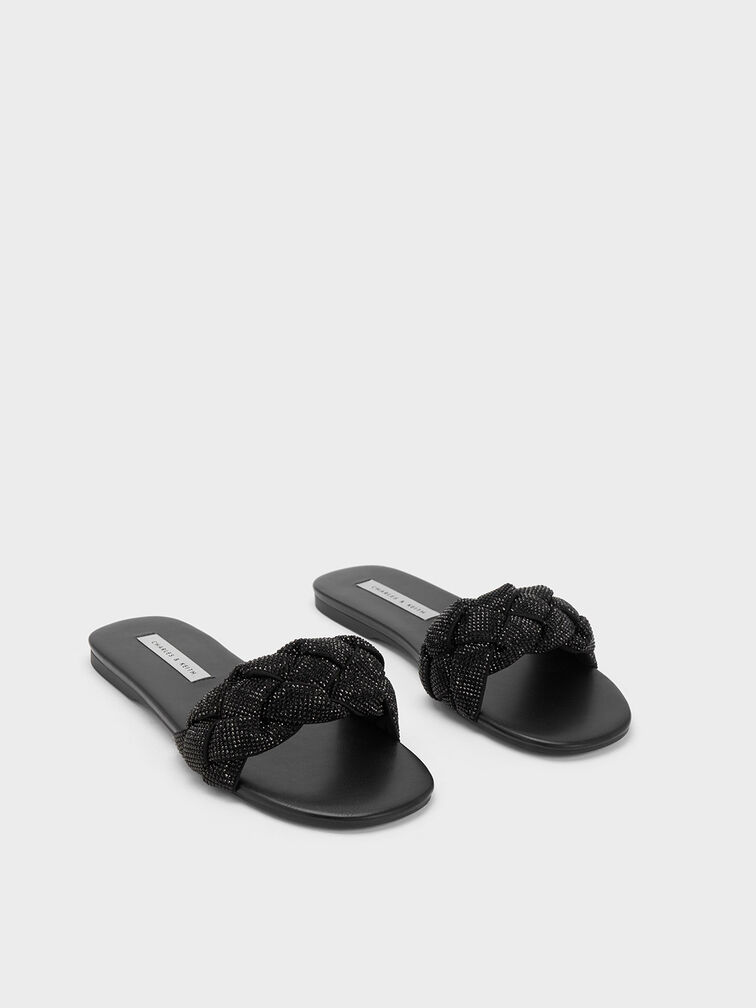 Gem-Embellished Braided Strap Slides, Black, hi-res
