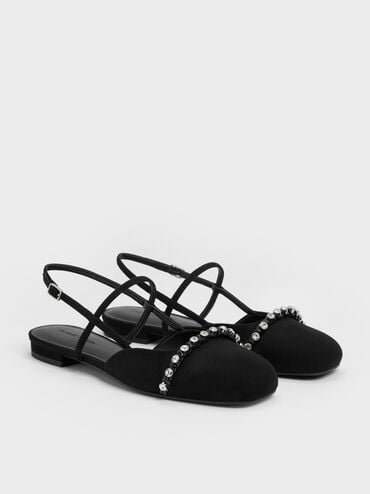 Gi&agrave;y sandals đế thấp Faux Suede Crystal, Đen họa tiết, hi-res