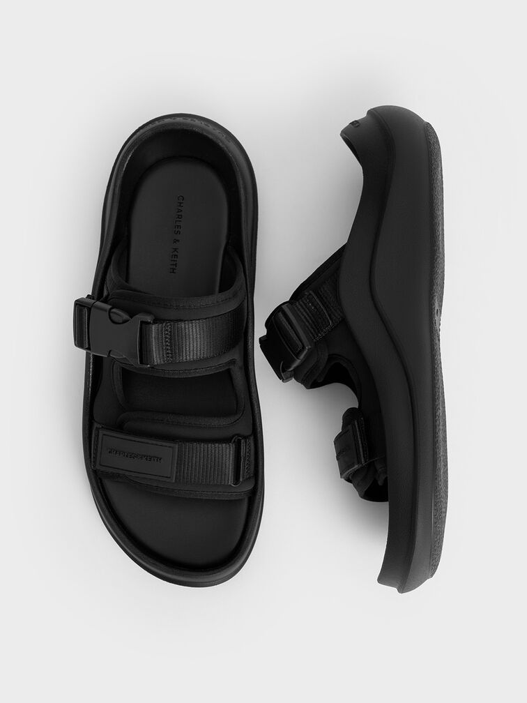 Nylon Double-Strap Sports Sandals, Black Textured, hi-res